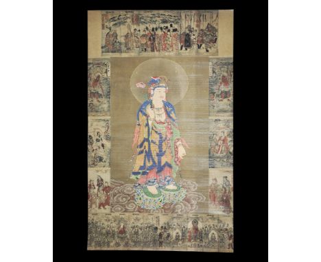 20th century AD. A rectangular paper panel on a fabric backing with wooden roller; central paining of Buddha standing on a lo