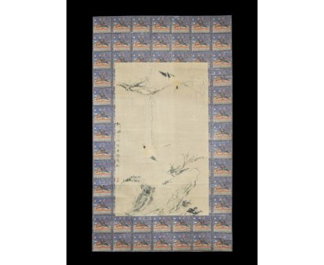 20th century AD. A rectangular paper panel on a fabric backing with wooden roller; central painting of birds on a branch abov