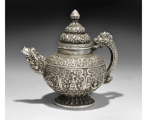 20th century AD. A squat silver-coloured metal pot with flared base, scrolled strap handle, short spout, broad neck, bell-sha