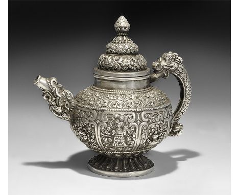 20th century AD. A squat silver-coloured metal pot with flared base, scrolled strap handle, short spout, broad neck, bell-sha