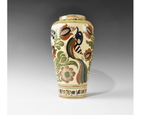 20th century AD. A tall cream-glazed ceramic jar with rounded shoulder and low neck, designs of flowers, foliage and birds to