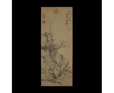 20th century AD. A rectangular paper panel on a fabric backing with wooden roller; painted monochrome scene of trees in a lan