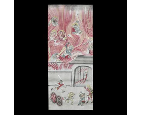 20th century AD. A Japanese scroll painting on paper and mounted on decorated silk backing depicting demons torturing the sou