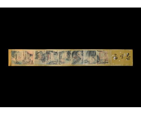 20th century AD. A rectangular paper panel on a fabric backing with wooden roller; block of calligraphic text and panels with