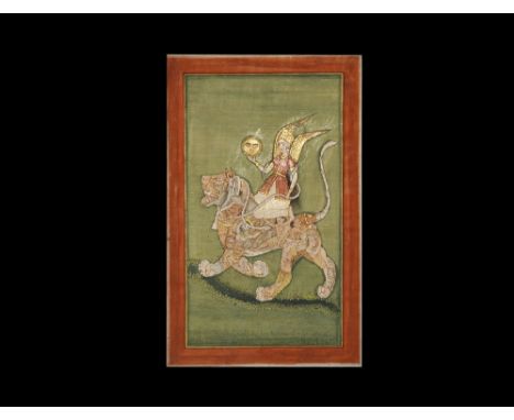 18th century AD. A hand-painted miniature scene depicting a winged female holding up the sun, riding on a lion formed as a co
