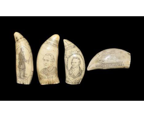 20th century AD. A mixed group of composition replica whale's teeth with incised 'scrimshaw' decoration commemorating: 'The B