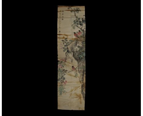 20th century AD. A folded paper panel with painted scene of birds on branches with flowers in a landscape; column of calligra