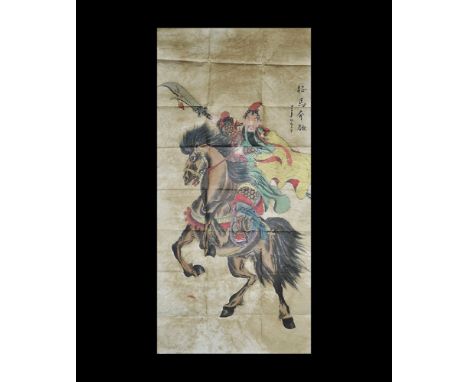 20th century AD. A paper panel with detailed painting of a horseman brandishing a guandao polearm; two columns of calligraphi