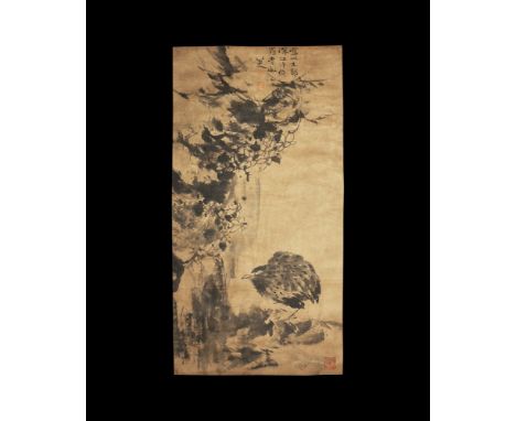 20th century AD. A rectangular paper panel on a fabric backing with wooden roller; a monochrome painting of a standing bird w