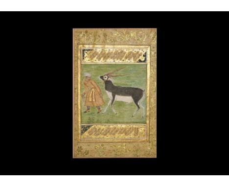 18th century AD. A hand-painted miniature scene depicting a nobleman with sash and spurs leading an ibex with halter and pend