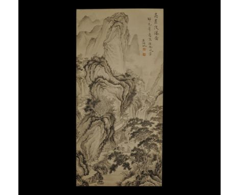 20th century AD. A rectangular paper panel on a fabric backing with wooden roller; painted monochrome scene of mountains with
