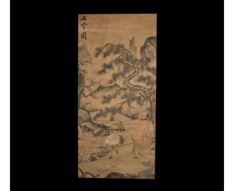 20th century AD. A rectangular paper panel on a fabric backing with wooden roller; painted scene of a robed male and heron in