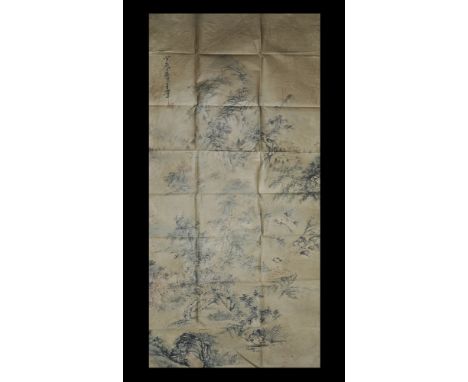 20th century AD. A paper panel with detailed painting of figures in a mountainous landscape with trees; column of calligraphi