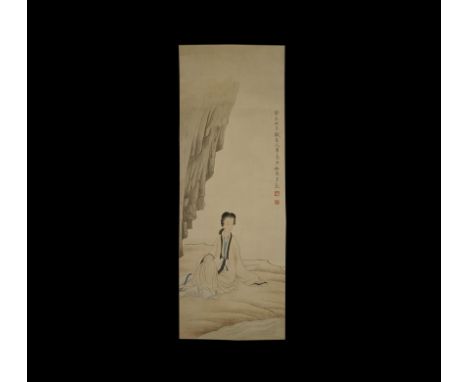 20th century AD. A rectangular paper panel on a fabric backing with wooden roller; painted scene of a robed girl seated on a 
