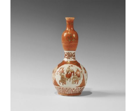 20th century AD. A glazed ceramic double gourd vase with gold detailing,floral panels and scene of seated figures; signed to 