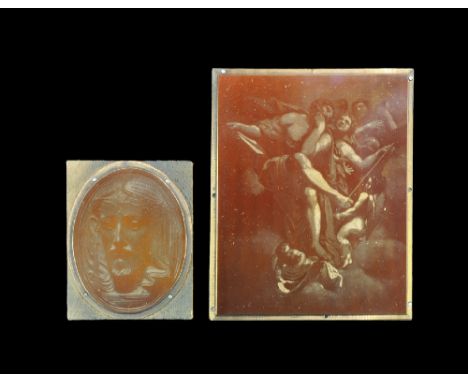 Early 20th century AD. Two etched copper printing plates mounted on hard wood blocks for use in printing the sales catalogues