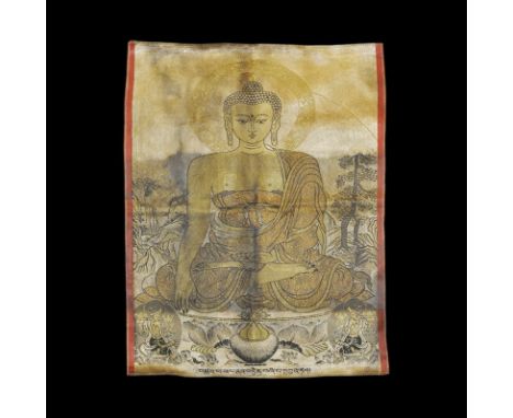 20th century AD. A rectangular silk panel with woven design of Buddha Shakyamuni sitting cross-legged with the left hand palm