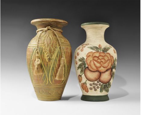 20th century AD. A group of two ceramic vases comprising: one piriform with flared rim and base, painted motifs of flowers, l