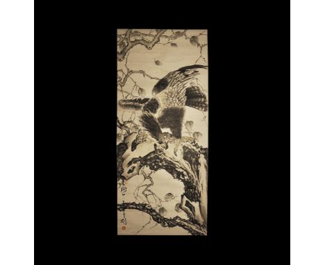 20th century AD. A rectangular paper panel on a fabric backing with wooden roller; painted monochrome scene of an eagle on a 