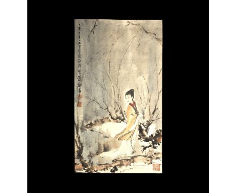 20th century AD. A rectangular paper panel on a fabric backing with wooden roller; painted winter scene with robed girl and t