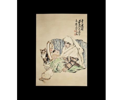 20th century AD. A rectangular paper panel on a fabric backing with wooden roller; painted scene of a mother kneeling beside 