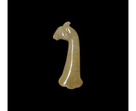 Late 19th-20th century AD. A carved jade(?) dagger handle formed as a ram's head and neck, flared socket below with rosettes 