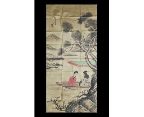 20th century AD. A paper panel with detailed painting of an amorous couple in a boat among skerries and trees; two columns of
