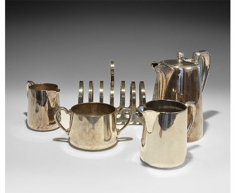 20th century AD. A mixed group of silver electroplated nickel alloy tableware comprising: teapot with hinged lid and knop han