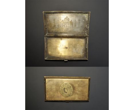 20th century AD. A hinged cigarette case with 25-year calendar to the lid, sketch map of India and Southeast Asia to the reve