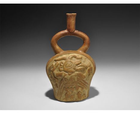 20th century AD. A ceramic jar with stirrup spout, reserved design to each broad face of beast-headed man with open jaws. 609