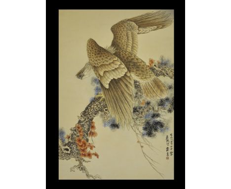 20th century AD. A painting on silk and mounted on paper of an eagle perched on a blossoming branch; Chinese chracters and se