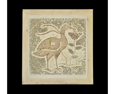 . An undated archaistic reconstituted mosaic panel depicting a bird pecking at a flower executed in grey, brown, maroon, crea