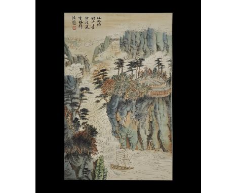 20th century AD. A rectangular paper panel on a fabric backing with wooden roller; painted polychrome scene of mountains and 