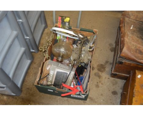 A box containing hanging oil lamp converted to electricity; hydrometer etc.