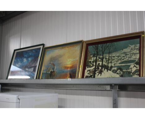 An oleograph depicting a sunset on a harbour scene; together with two other prints