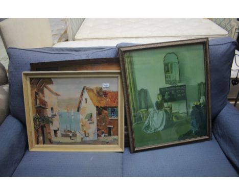 A quantity of prints and an oil painting depicting a seascape