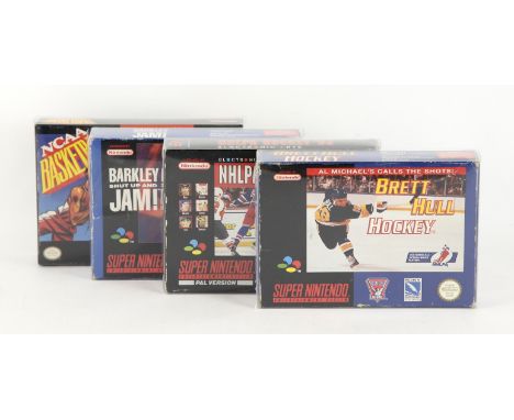 Super Nintendo (SNES) Sports bundle [4] Includes: Barkley: Shut Up and Jam, NHLPA Hockey 93, Brett Hull Hockey and NCAA Baske