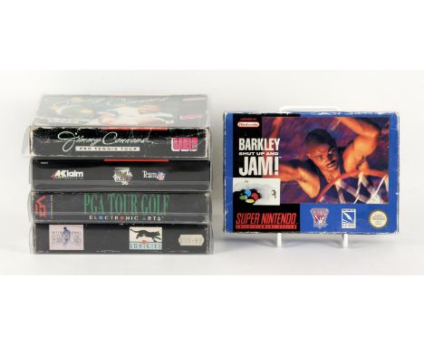 Super Nintendo (SNES) Sports bundle [5] Includes: Barkley: Shut Up and Jam, PGA Golf Tour, International Tennis Tour, NFL Qua