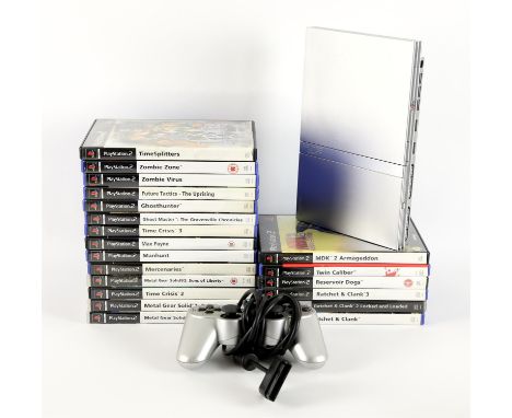 PlayStation 2 (PS2) Slim Console [Silver] (PAL) with games [20] and DualShock 2 Controller [Silver] Games include: Ratchet & 