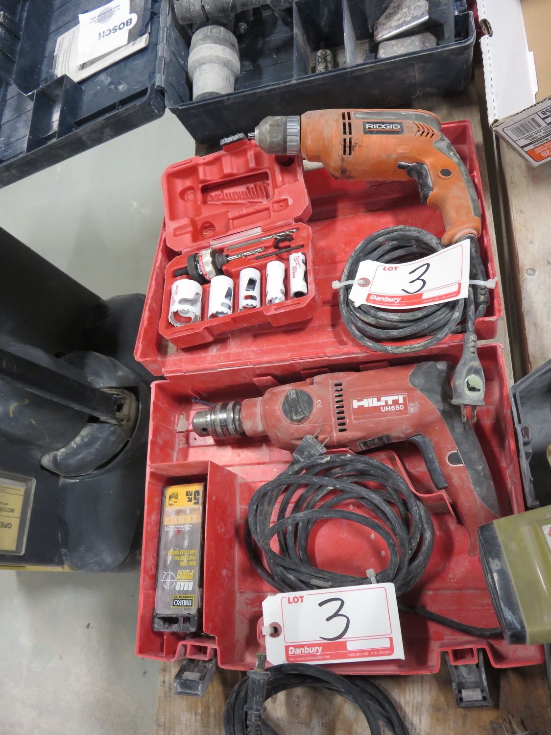 LOT HILTI UH650 & RIDGID R7000 ELECTRIC DRILLS W/ MILWAUKEE BIMETAL