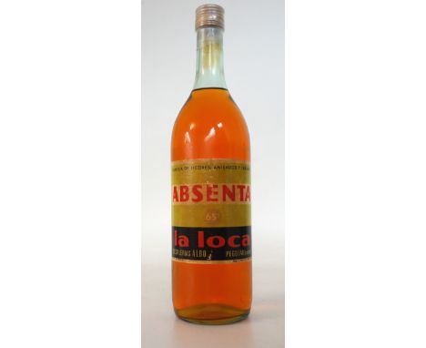 ABSENTA LA LOCA CIRCA 1950'S
A nice bottle of Absenta La Loca from Distillerias Albo, Pego (Alicante).  1 litre.  65 degrees 