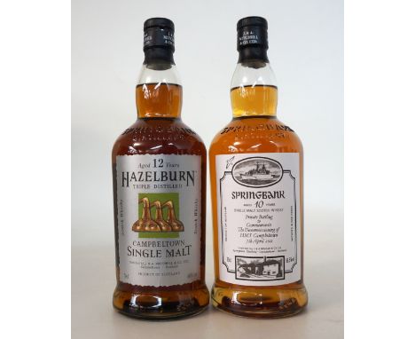 SPRINGBANK & HAZELBURN
2 bottles of Single Malt Scotch Whisky from Campbeltown.  SPRINGBANK 10 YEAR OLD - Private bottling to
