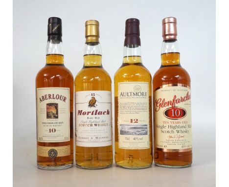 FOUR SPEYSIDERS
A selection of 4 Speyside Single Malt Scotch whiskies, including:  MORTLACH 15 YEAR OLD.  70cl.  40% abv.  In