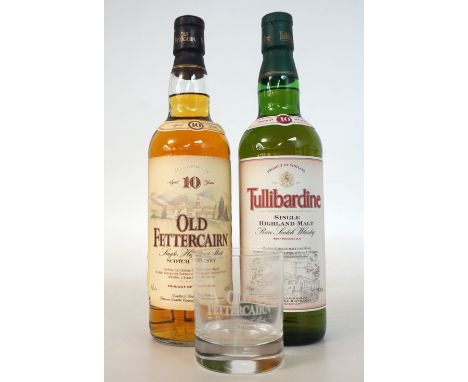 OLD FETTERCAIRN & TULLIBARDINE
Two 10 year old single malt scotch whiskies.  OLD FETTERCAIRN 10 YEAR OLD. 70cl.  40% abv.  In