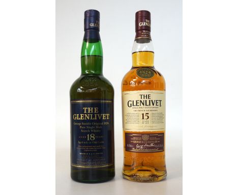 GLENLIVET 15YO FRENCH OAK & 18YO
2 bottles of Glenlivet Single Malt Scotch Whisky.  GLENLIVET 15 YEAR OLD FRENCH OAK RESERVE.
