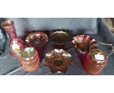 A large collection of Glass to include opaque lamp shades Ruby glass biscuit barrels , collection of carnival glass ware and 