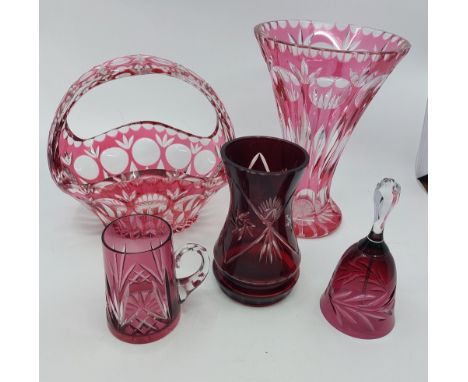 Assorted ruby and cranberry glassware to include two Victorian small bowls with frilled borders, jug, vases, table bell and o