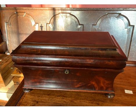 Victorian Mahogany Sarcophagus Tea caddy, twin hinged removable lidded caddies within, Brass Escustcheon (no key) Loop side h