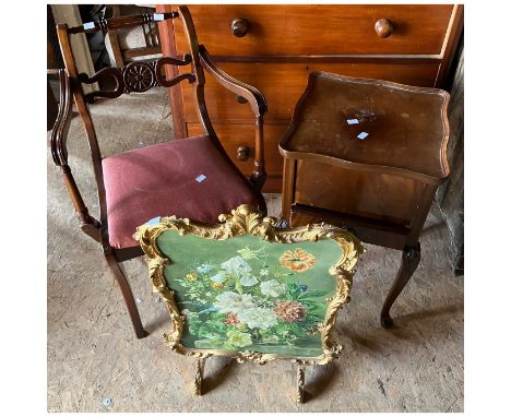 Mahogany carver chair with wheel design, sewing box and gilded effect metal framed fire screen with floral print centre. (3)