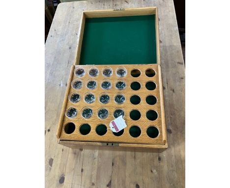 Winetasting glasses in wooden case, 16 small wine tasting glasses in a purpose built wooden case with storage for more under 